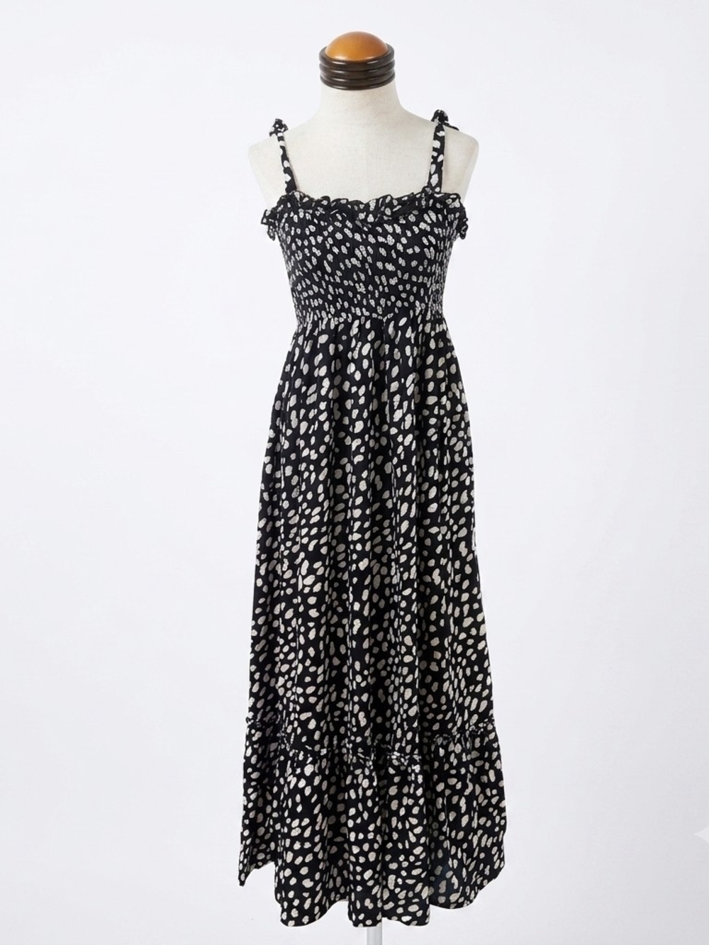 Black and Cream Smocked Maxi Sundress with Adjustable Tie Straps